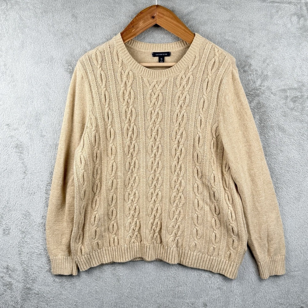 Lands End Sweater Womens XL Beige Cable Knit Crew Neck Pullover Fisherman Preppy